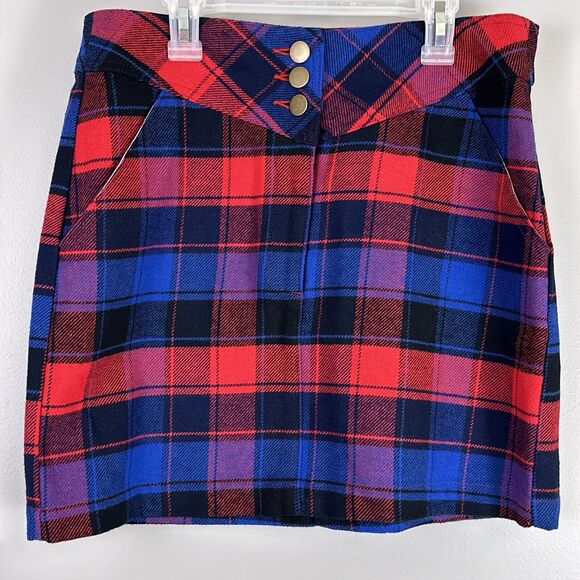 New Tgla Short Mini Skirt Womens Medium Multicolor Red Blue Plaid Pockets Button - Picture 1 of 6